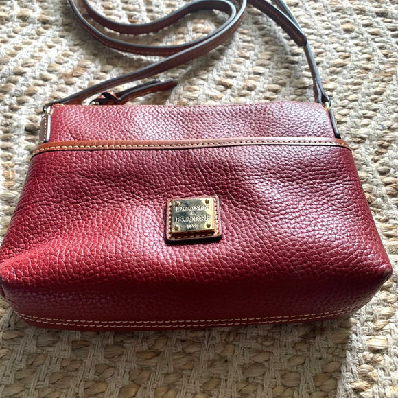 Dooney Bourke Small Crossbody Purse- Red Leather, Brown Trim and strap - Boho - Picture 3 of 6